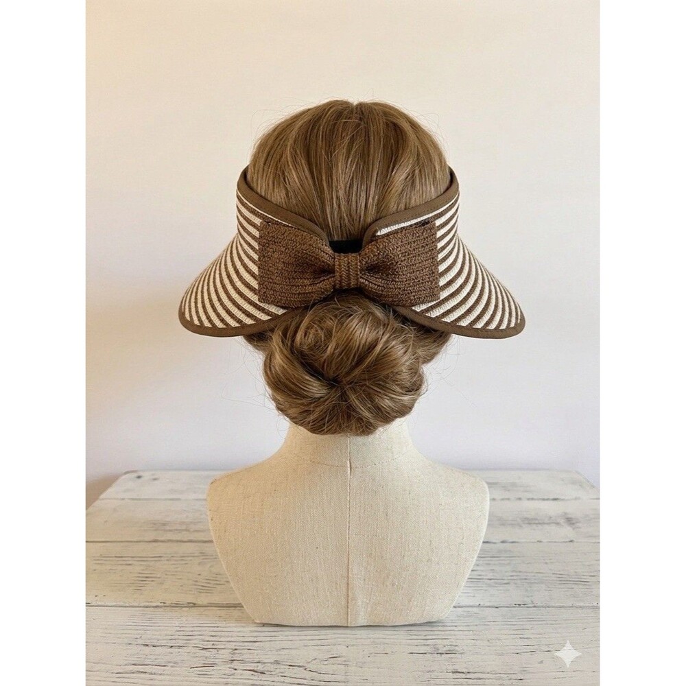 White Beige Striped Paper Straw Sun Visor Sunhat Womens OS Packable Floppy Boho